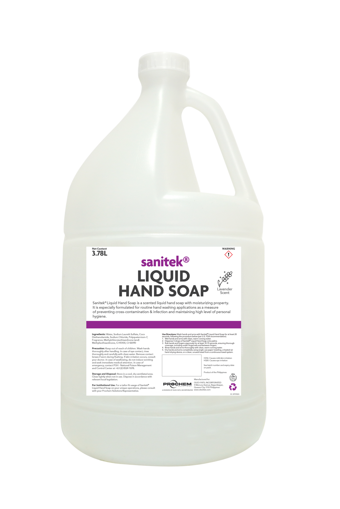 Food Safety: Sanitek Hand Soap - Lavender 3.78L
